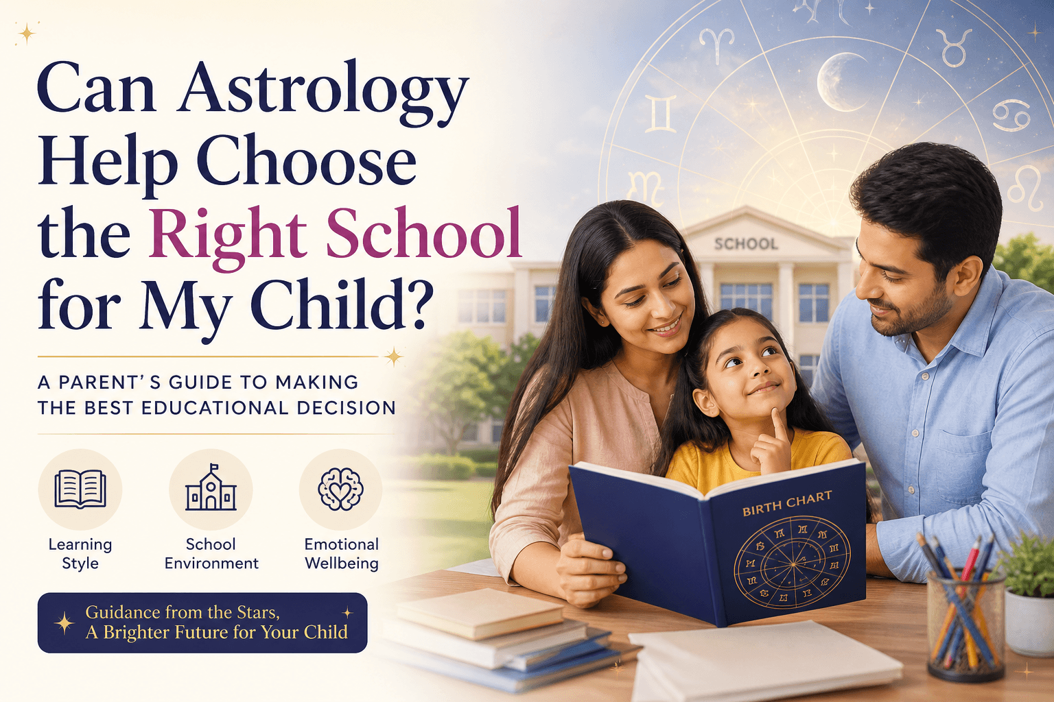 parents choosing the right school for their child using astrology birth chart guidance with school background and zodiac symbols