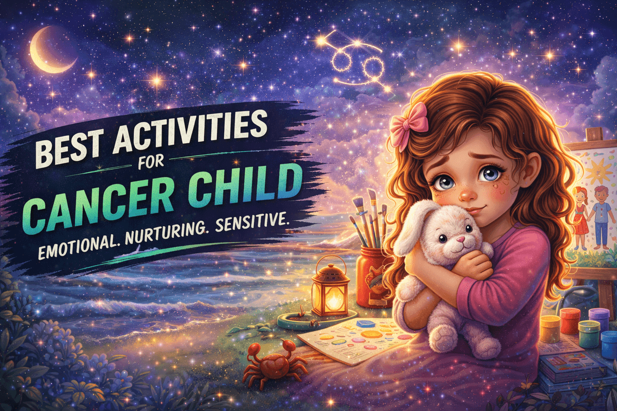 cancer child astrology activities guide featuring emotional and creative child in calming celestial setting