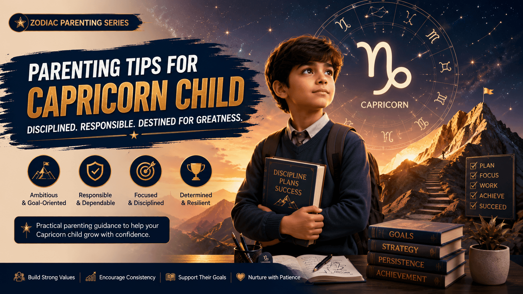 capricorn child astrology activities guide showing disciplined and goal-oriented child studying under zodiac sky