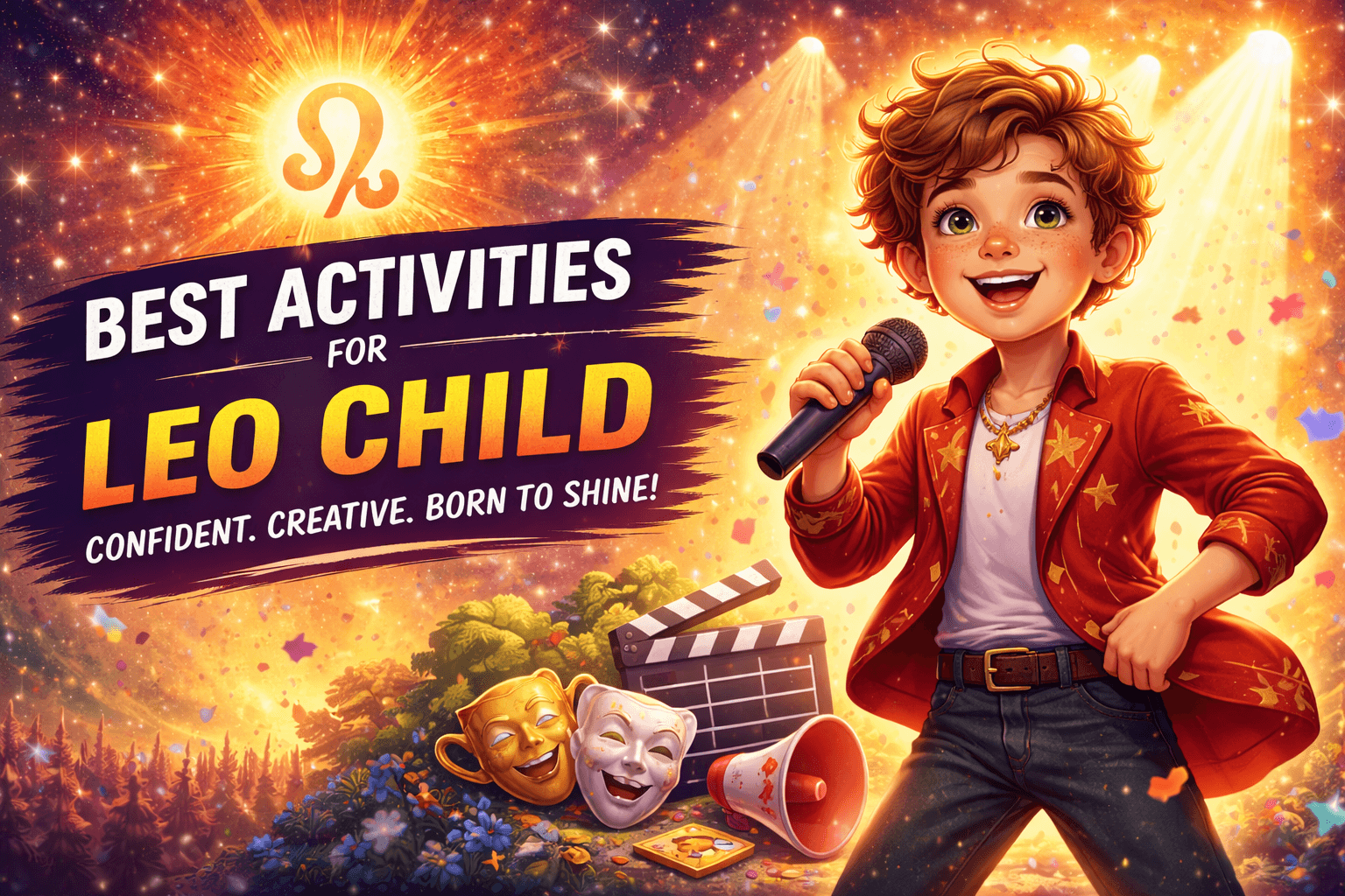 leo child astrology activities guide with confident child performing creatively under glowing zodiac symbols