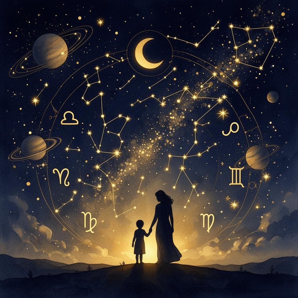 A parent and child beneath an illustrated Vedic astrology sky