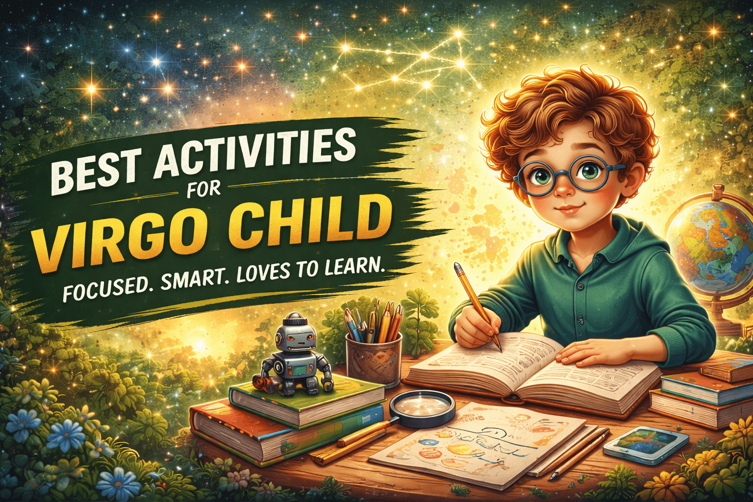 virgo child astrology activities guide showing detail-oriented child learning through books and structured activities
