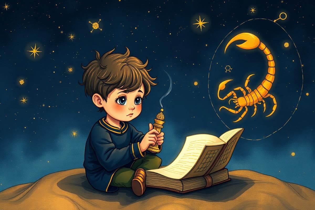 Illustrated Scorpio child playing chess under a glowing scorpion constellation in a celestial night sky